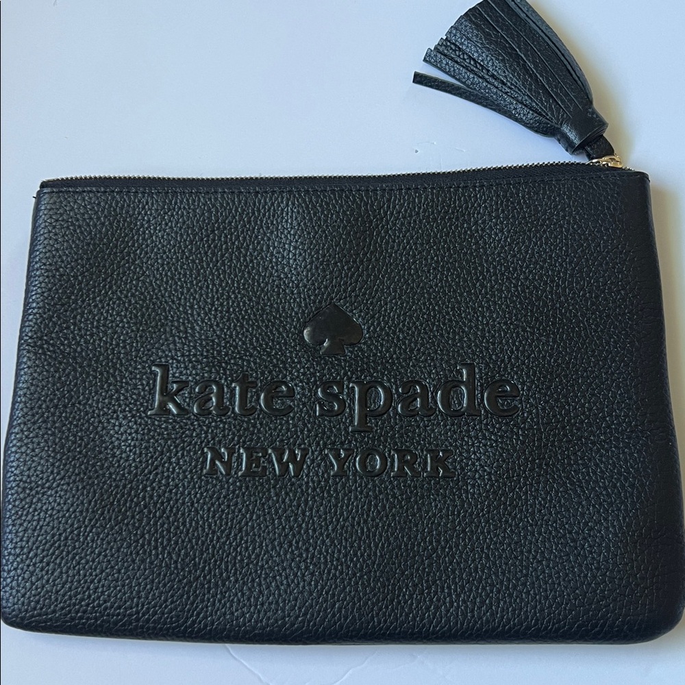 Kate Spade Ash Street Large Leather Gia Tassel Clutch Black Pebbled Leather